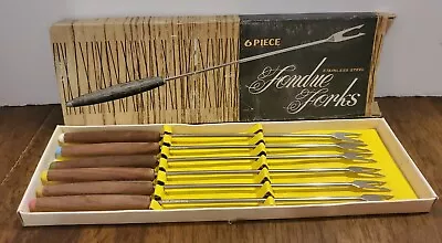 Vintage  Fondue Forks Stainless Steel Wood Handles Original Box Japan 6pc • $14.99