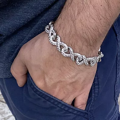 Men's Infinity Cluster Link Bracelet Iced Simulated CZ Silver Tone 15MM 8.5  • $17.95