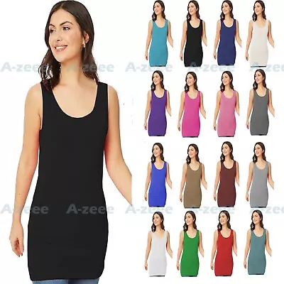 £7.99 • Buy Womens Scoop Neck Sleeveless Ladies Long Stretch Strappy Plain Vest T-Shirt Top