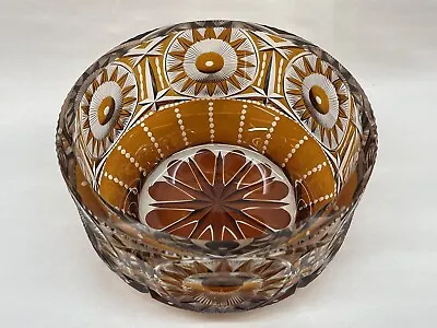 Antique Bohemian Czech Glass Large Amber Cut To Clear Crystal Bowl • $95