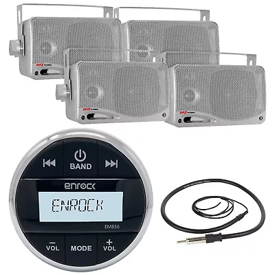 EM856 Bluetooth AUX USB Marine Radio Antenna 4 Silver Box 3.5  Boat Speakers • $160.49