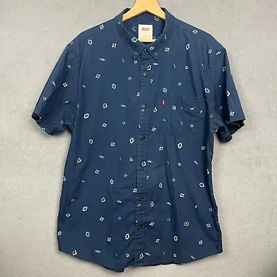 Levis Mens Shirt XL Blue Geometric Print Short Sleeve Button Down Aztec Casual • £10.99