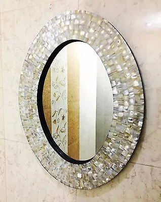 Decorative Beveled Oval Wall Mirror With White Mother Of Pearl Inlay Frame Decor • $76.05