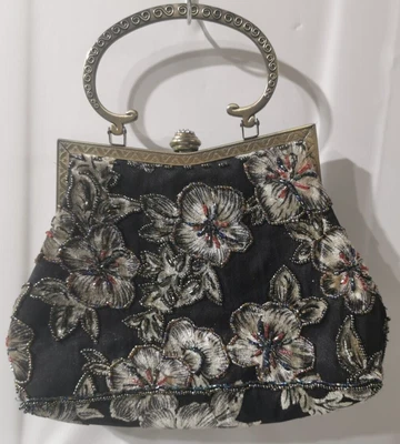 £4.99 • Buy LEKO Of LONDON Black Floral Print Beaded Metal Trim Evening Bag