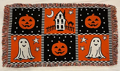 Vintage Halloween Tapestry Rug Throw Wall Decor Pumpkin Cat Ghost House 47 X 26” • $39.99