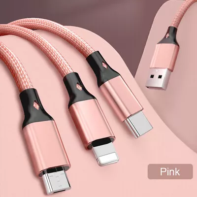 3 In 1 Multi USB Phone Charger Cable For IPhone And Android Nylon Braided  • £3.89