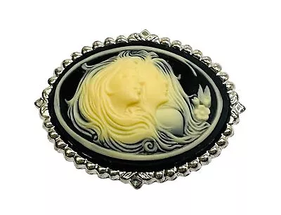 Vintage Brooch Oval Faux Cameo Silver Tone Black Cream Pin Estate Jewelry • $14