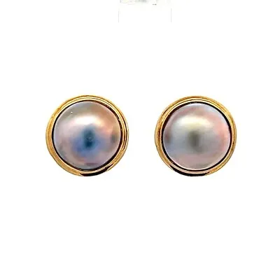 14K Yellow Gold & 11mm Genuine Silver Mabe Pearl Pierced Stud Earrings! 145 • $199.99