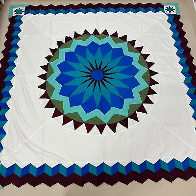 Handmade Mariner's Compass Cotton Fabric Patchwork Queen Size Quilt Top/topper • $34.99
