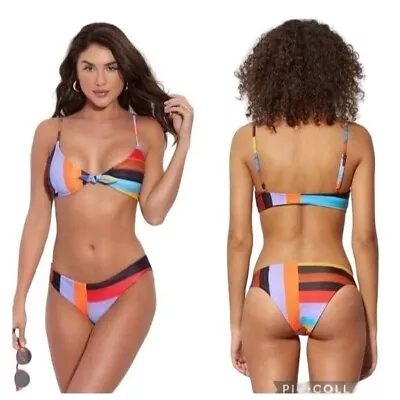 Mara Hoffman Multicolor Jay Striped Carla Tie Front Bikini Top Size M • $40.79