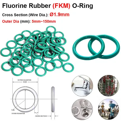 Wire Dia=1.9mm O-Ring FKM Fluorine Rubber Sealing GasketO.D=5mm~150mm Green • £1.79