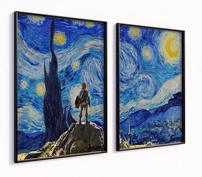 Zelda Poster Framed 2 Piece Wall Art Zelda Gift Art Print Games Room Van Gogh • £69.95