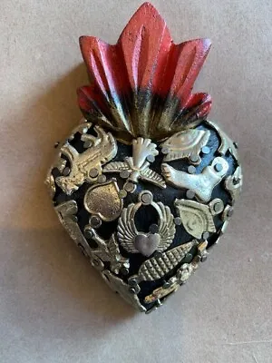 Hand-Crafted Folk Art Flaming Black Heart With Milagros - Small • $25
