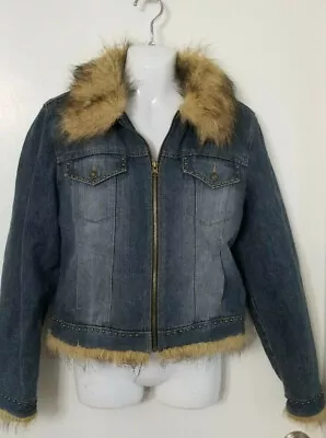 VTG FADED GLORY Jean JACKET Denim Faux Fur Collar & Cuffs SIZE M FITS A SMALL • $27.99