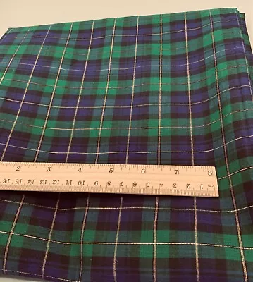 Vtg BLUE GREEN PLAID W/ GOLD THREAD ACCENT BTY Cotton Fabric • $14.95