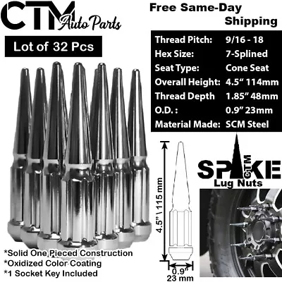 32Pc 4.5  TALL CHROME 9/16-18 SPIKE LUG NUT+KEY FIT 94-10 DODGE/RAM 2500/3500  • $55.19