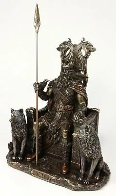 £78.93 • Buy Odin On Throne W Wolves VIKING NORSE MYTHOLOGY GOD Statue Antique Bronze Color