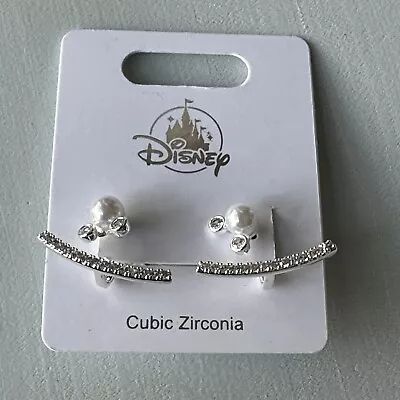 Disney Parks Mickey Mouse Icon Pearl Silver Tone Earrings Cubic Zarconia New • $22.50