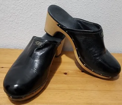 UGG Abbie Clog Black Sherpa Lined Leather Wood Heel Studded Shoe Women Sz 10 • $54.99