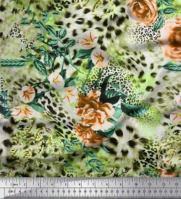Soimoi Brown Cotton Poplin Fabric Leaves|Rose & Leopard Animal Skin-Oqz • $9