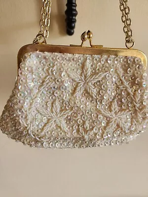 Vintage Beaded Creme Handbag With Faux Pearl Stars Made In Hong Kong • $16.99