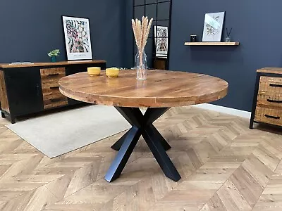 Sara Luxury Round Solid Mango Wood Industrial Dining Table Walnut Finish 3 Sizes • £649