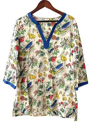 J Crew Novelty Popover Tunic Hawaiian Pineapple Hula Girl Island Beach Womens L • $24