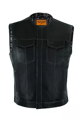 Men's Black Leather Vest Motorcycle Concealed White Paisley Lining Waistcoat • $89.99