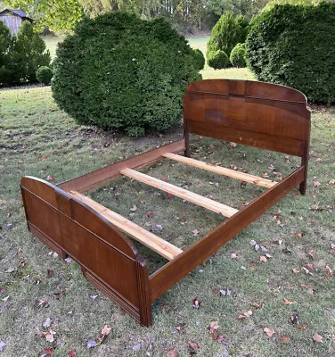 Mid Century Art Deco Full Size Wood Bed Frame Headboard Footboard Rails Vintage • $195