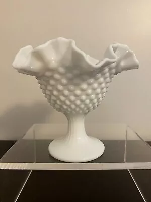 Fenton Hobnail White Milk Glass Pedestal Compote Bowl Ruffled Edge • $21