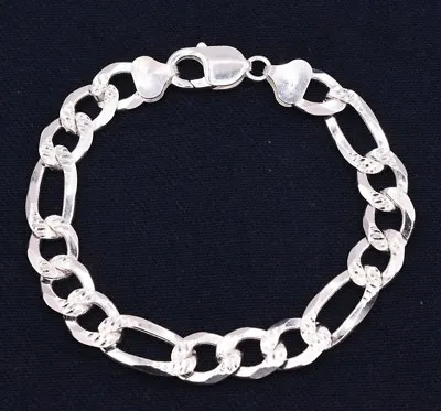 10mm Italian Figaro Pave Diamond Cut Link Chain Bracelet Real Sterling Silver  • $66.92