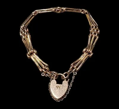 Vintage Solid 9ct Gold Three Bar Gate Heart Bracelet Hallmarked 12.8g 18cm Long • $745.28