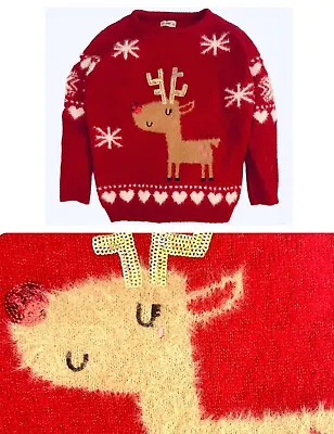 Girls Ex F&F Christmas Jumper Festive Red Reindeer Sequin Sparkle Sweater NEW • £6.95