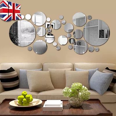 32X Mirror Tile Wall Sticker Circle Self Stick On Art Adhesive Room Decor UK • £5.88