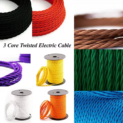 3 Core Braided Twisted Fabric Cable Lighting Flex Vintage Fabric Electric Cable • £2.75