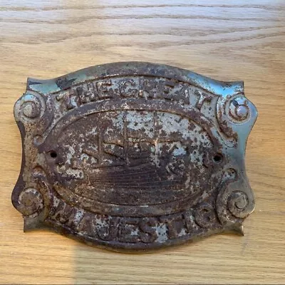 Antique THE GREAT MAJESTIC Cast Iron Plate Steam Ship Logo • $250