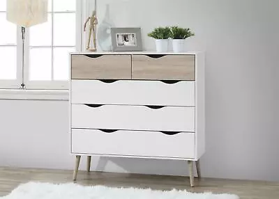 Cabinet Chest Of 5-Drawers Bedside Table Dresser Storage Unit Mapleton White/Oak • £263.99