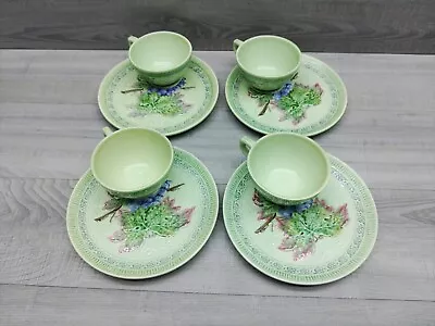 Vintage West Germany Majolica Teacup And Biscuit Saucer With Grape & Leaf Set 4. • $125