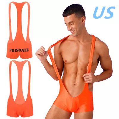 US Mens Prisoner Role Play Costume Jumpsuit Jockstrap Bodysuit Wrestling Singlet • $9.39