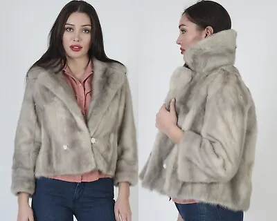 Vtg 60s Cropped Silver Grey Real Mink Fur Collar Coat Bridal MCM Retro Jacket • $170