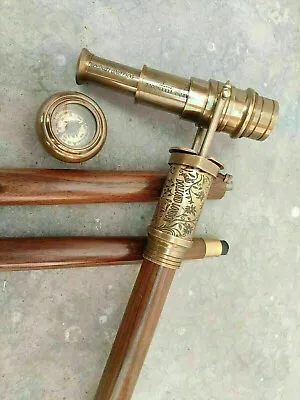 Antique Solid Brass Telescope Design Handle Wooden Walking Stick Cane Gift Style • $40.50