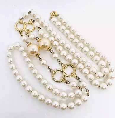 Long Faux White Pearl & Gold Tone Station Necklace Vintage Jewelry • $26.50