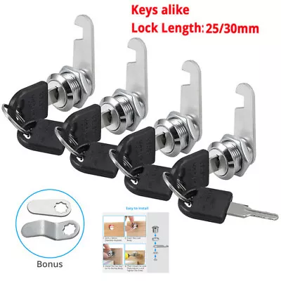 4x 25/30mm Barrel Drawer Cabinet Mail Box Locker Door Cupboard Cam Lock& 2 Keys • £7.40