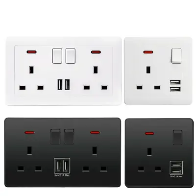 Double Wall Plug Socket 2 Gang 13 A With 2 USB Ports Screw Less Slim Flat Plate • £7.99