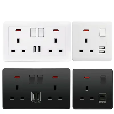Single/Double Wall Plug Socket 1/2 Gang Charger USB Ports Outlets Flat Plate UK • £6.69