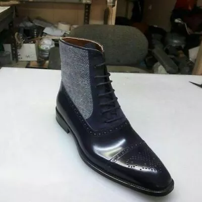 Mens Handmade Leather Shoes Black Ankle High Leather Suede & Tweed Boot For Men • $164.99