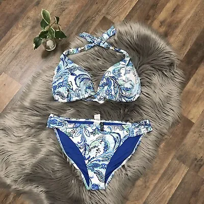 Ralph Lauren Size 16 Blue White Paisley Pattern Two Piece Swimsuit Bikini • £22.80