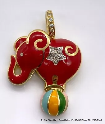 Aaron Basha 18k Yellow Gold Real Round Cut Diamond Red Enamel  Elephant Pendant • $1399.99