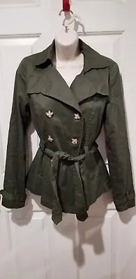 Green Short Trench Pea Coat Double Breast Jacket Belted Sz Sm Brand Xai • $28