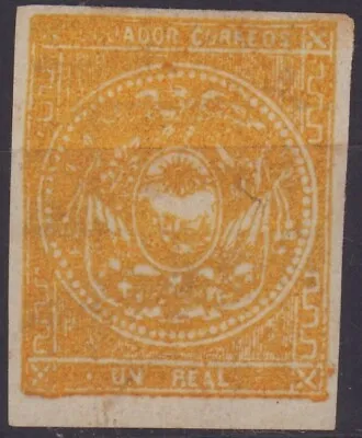 Ecuador 1872 Mh Sc# 1 Un Real Yellow Overinking In Cuadrille Paper • $29.99